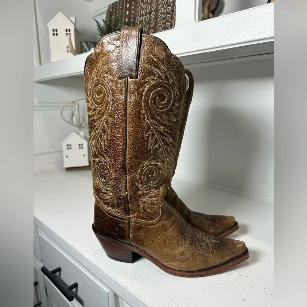 Justin Western Boots Womens 7.5B Brown Leather Cowboy Boots Embroidered Classic - Picture 5 of 8